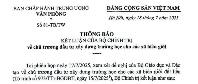 Đã có Thông báo kết luận 81-TB/TW về chủ trương đầu tư xây dựng trường học cho các xã biên giới