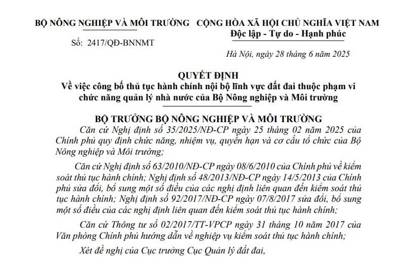 Đã có Quyết định 2417/QĐ-BNNMT về 10 thủ tục hành chính nội bộ lĩnh vực đất đai từ ngày 01/7/2025