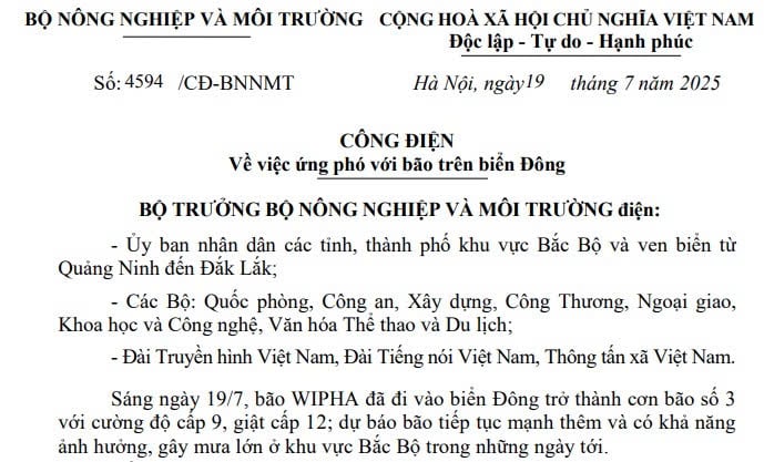Công điện ứng phó bão số 3 của Bộ Nông nghiệp và Môi trường