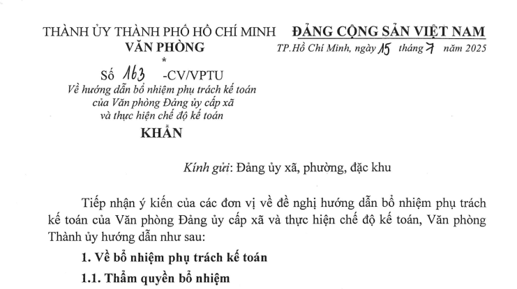 Đã có Công văn 163-CV/VPTU Về bổ nhiệm phụ trách kế toán và chế độ kế toán của VPĐU cấp xã tại TPHCM