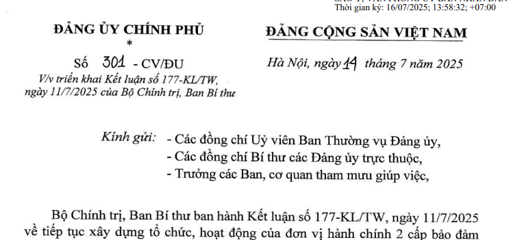 Đã có Công văn 301-CV/ĐU triển khai Kết luận 177-KL/TW về tiếp tục xây dựng đơn vị hành chính 2 cấp