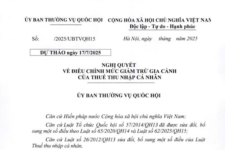 Đã có dự thảo Nghị quyết điều chỉnh mức giảm trừ gia cảnh của thuế thu nhập cá nhân từ kỳ tính thuế năm 2026