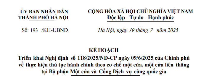 Kế hoạch 193: Triển khai Nghị định 118/2025 về thủ tục hành chính trên Cổng Dịch vụ công quốc gia tại HN