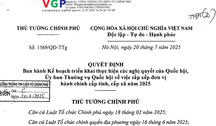 Đã có Quyết định 1569/QĐ-TTg về Kế hoạch triển khai Nghị quyết sắp xếp đơn vị hành chính các cấp năm 2025