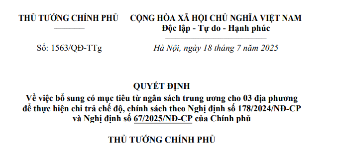 Chính thức bổ sung thêm ngân sách thực hiện chế độ chính sách theo Nghị định 178 và Nghị định 67 (Quyết định 1563)