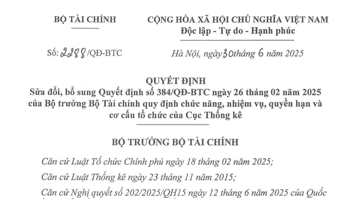 Đã có Quyết định 2288/QĐ-BTC sửa đổi chức năng và cơ cấu tổ chức của Cục Thống kê