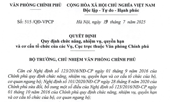 Đã có Quyết định 515/QĐ-VPCP về cơ cấu tổ chức của các Vụ, Cục trực thuộc Văn phòng Chính phủ