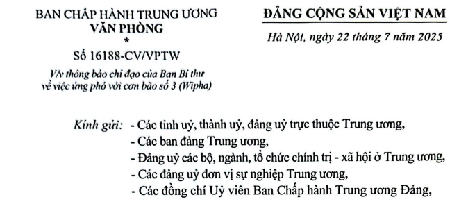 Công văn 16188: Chỉ đạo mới về việc ứng phó với cơn bão số 3 (Wipha) của Ban Bí thư