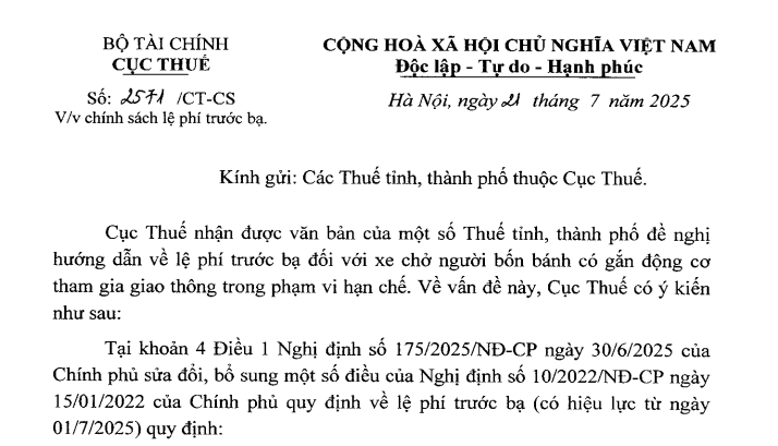 Công văn 2571/CT-CS: Chính sách lệ phí trước bạ với xe chở người bốn bánh có gắn động cơ