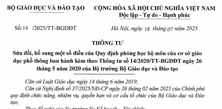 Đã có Thông tư 14/2025/TT-BGDĐT sửa đổi quy định về phòng học bộ môn của cơ sở giáo dục phổ thông