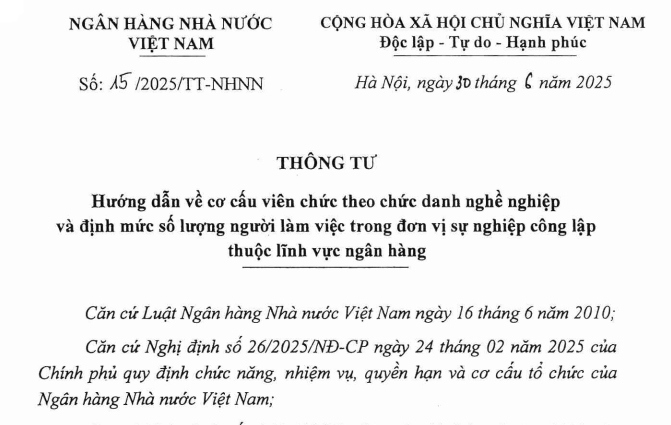 Đã có Thông tư 15/2025/TT-NHNN về viên chức, người lao động trong đơn vị sự nghiệp công lập ngành ngân hàng