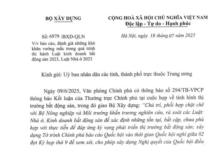 Công văn 6979/BXD-QLN: Báo cáo vướng mắc khi thi hành Luật Kinh doanh bất động sản 2023, Luật Nhà ở 2023