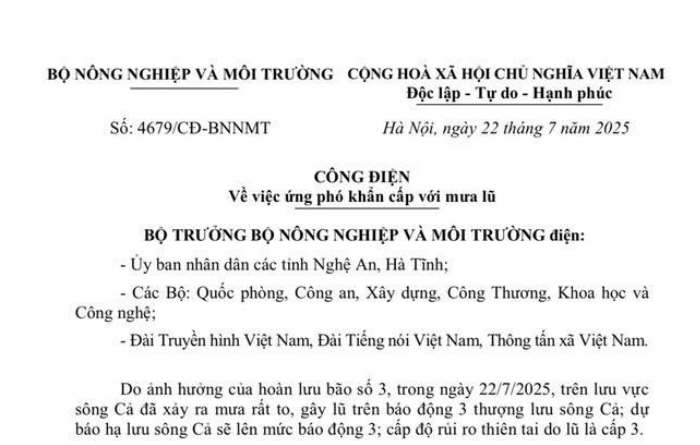 Bộ Nông nghiệp và Môi trường chỉ đạo ứng phó khẩn cấp với mưa lũ