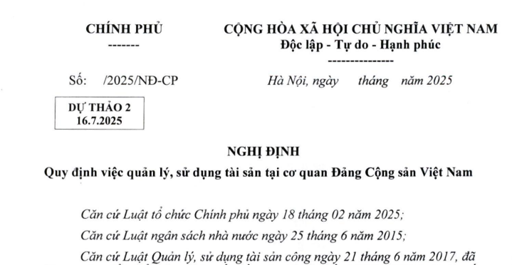 Đã có dự thảo Nghị định về việc quản lý sử dụng tài sản tại cơ quan Đảng cộng sản Việt Nam