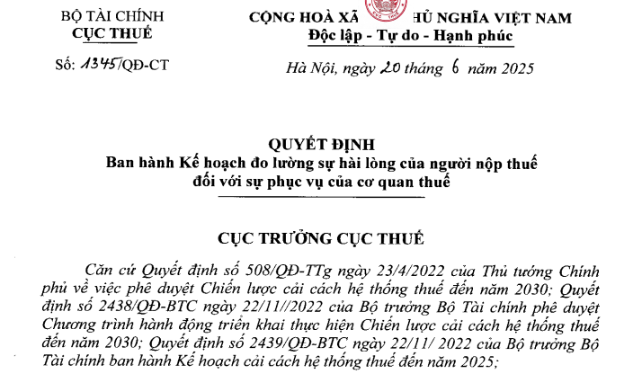 Quyết định 1345: Kế hoạch đo lường sự hài lòng của người nộp thuế với cơ quan thuế