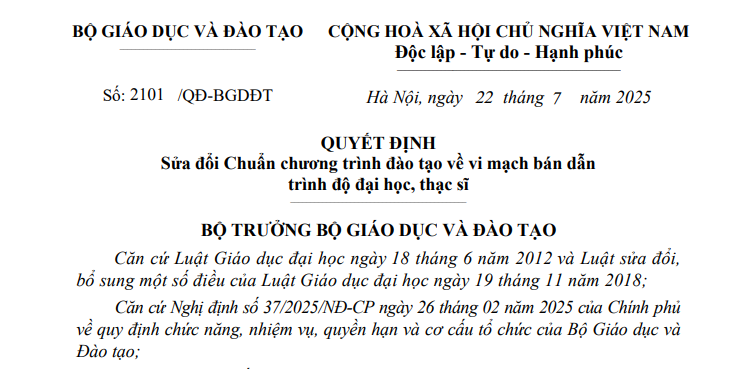 Quyết định 2101: Chính thức sửa đổi Chuẩn chương trình đào tạo về vi mạch bán dẫn trình độ đại học, thạc sĩ