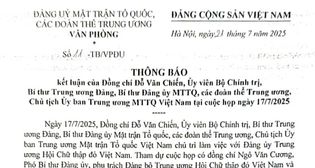 Thông báo 11-TB/VPĐU chỉ đạo mới nhất về nhân sự Hội Chữ thập đỏ Việt Nam