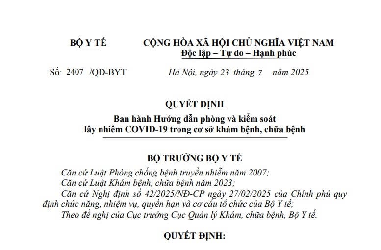 Hướng dẫn phòng và kiểm soát lây nhiễm COVID-19 trong cơ sở khám chữa bệnh từ ngày 23/7/2025 