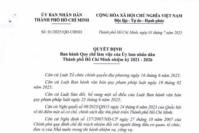 Quy chế làm việc của UBND TPHCM nhiệm kỳ 2021 – 2026 (Quyết định 01/2025/QĐ-UBND)