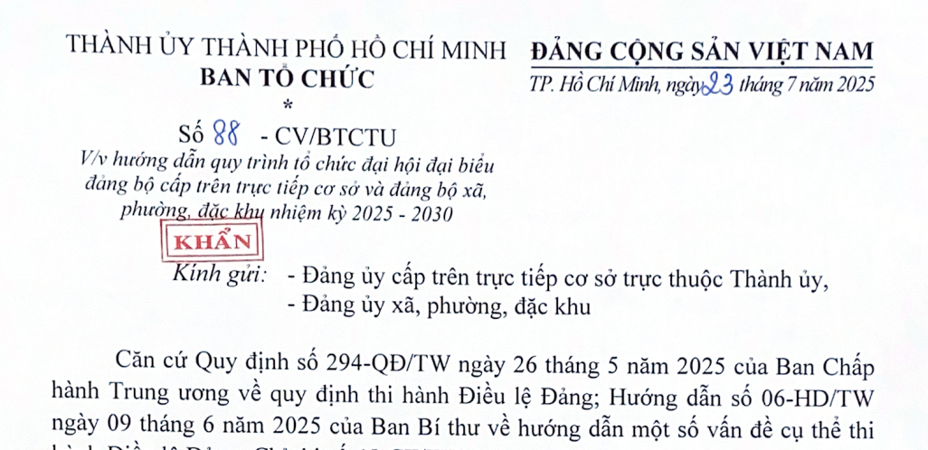 Công văn 88: Chỉ đạo khẩn về tổ chức đại hội đại biểu đảng bộ các cấp nhiệm kỳ 202-2030 tại HCM