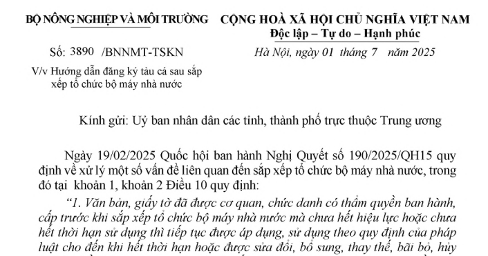 Công văn 3890: Hướng dẫn đăng ký tàu cá sau sắp xếp tổ chức bộ máy nhà nước
