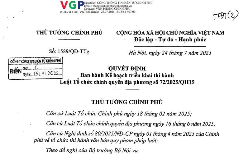 Đã có Quyết định 1589/QĐ-TTg: Kế hoạch triển khai Luật Tổ chức chính quyền địa phương 2025 (Luật số 72/2025/QH15) 