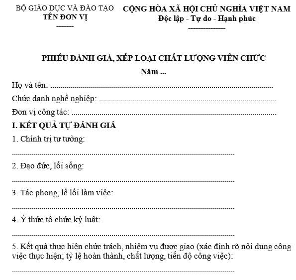 Tải về mẫu phiếu đánh giá xếp loại chất lượng viên chức là giáo viên mới nhất 2025