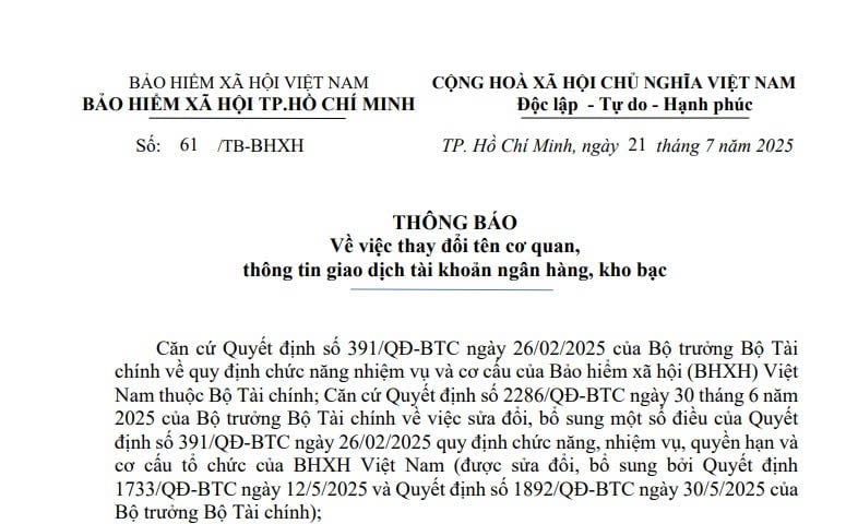 BHXH TPHCM thông báo thay đổi thông tin giao dịch tài khoản ngân hàng, kho bạc (Thông báo 61/TB-BHXH)
