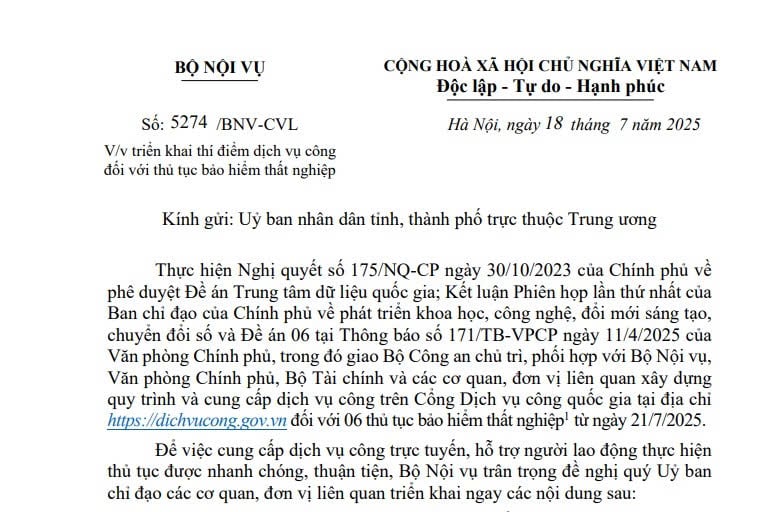 Công văn 5247/BNV-CVL: Triển khai thí điểm dịch vụ công đối với thủ tục bảo hiểm thất nghiệp
