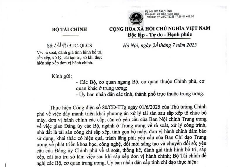 Công văn 11119/BTC-QLSC: Rà soát đánh giá tình hình bố trí, xử lý trụ sở khi sắp xếp đơn vị hành chính