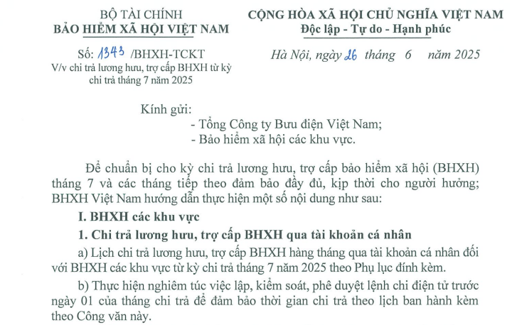 Công văn 1343: Chỉ đạo chi trả lương hưu từ tháng 7 năm 2025 ở 34 tỉnh thành