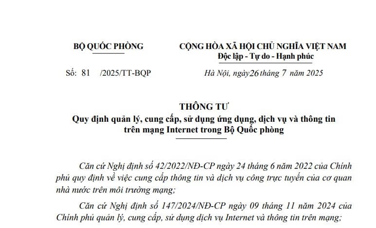 Đã có Thông tư 81/2025/TT-BQP quy định sử dụng ứng dụng và thông tin trên mạng Internet trong Bộ Quốc phòng 
