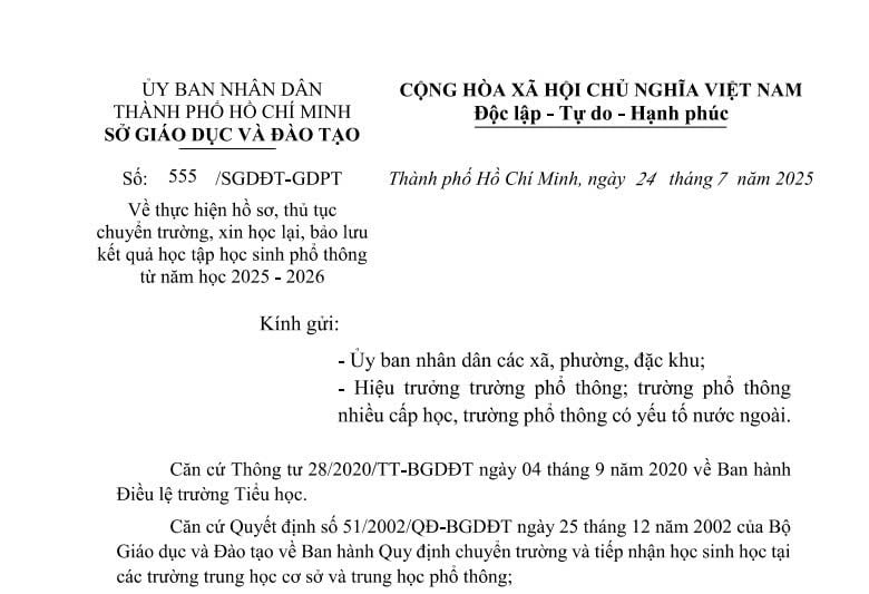 Công văn 555/SGDĐT-GDPT: Hướng dẫn hồ sơ và thủ tục chuyển trường với học sinh phổ thông TPHCM từ năm học 2025 - 2026