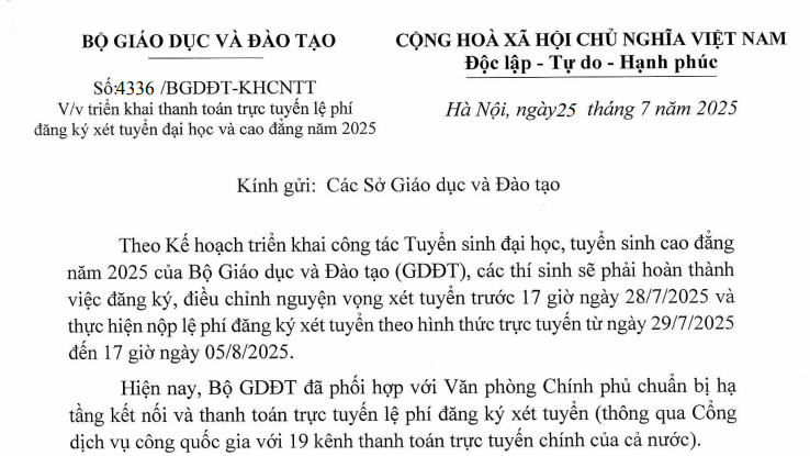 Đã có Công văn 4336 triển khai nộp lệ phí đăng ký xét tuyển đại học năm 2025 online