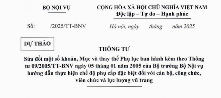 Đã có dự thảo sửa đổi Thông tư 09/2005 về chế độ phụ cấp đặc biệt đối với cán bộ công chức viên chức