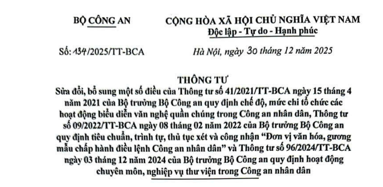 Đã có Thông tư 134/2025/TT-BCA điều chỉnh mức chi trong Công an nhân dân về biểu diễn văn nghệ quần chúng