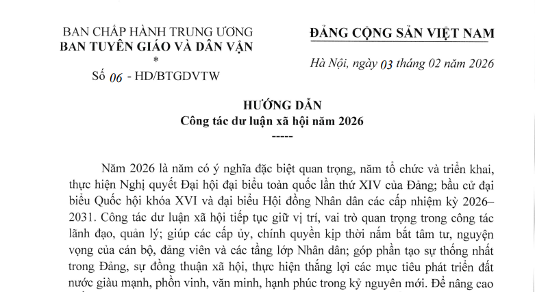 Hướng dẫn 06-HD/BTGDVTW về công tác dư luận xã hội năm 2026