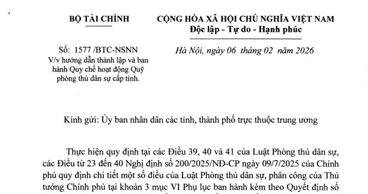 Công văn 1577/BTC-NSNN: Hướng dẫn thành lập Quỹ phòng thủ dân sự cấp tỉnh mới nhất