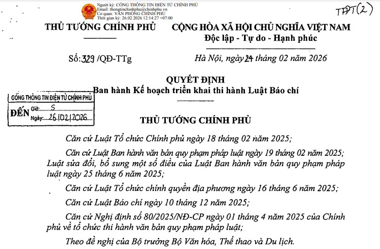 Quyết định 329/QĐ-TTg: Kế hoạch triển khai thi hành Luật Báo chí