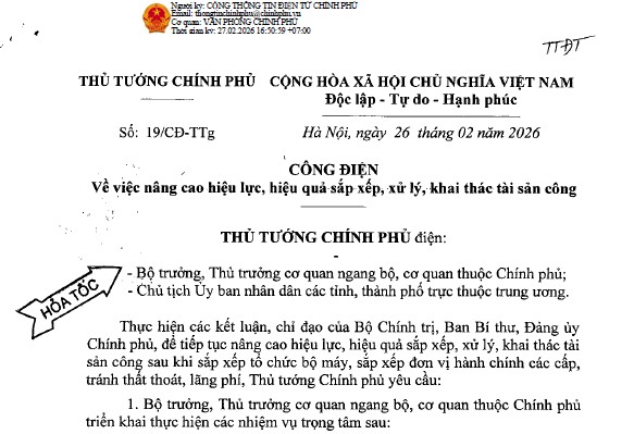 Công điện 19/CĐ-TTg Về việc nâng cao hiệu quả đối với tài sản công