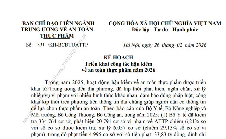Kế hoạch hậu kiểm về an toàn thực phẩm năm 2026 (Kế hoạch 331/KH-BCĐTƯATTP)