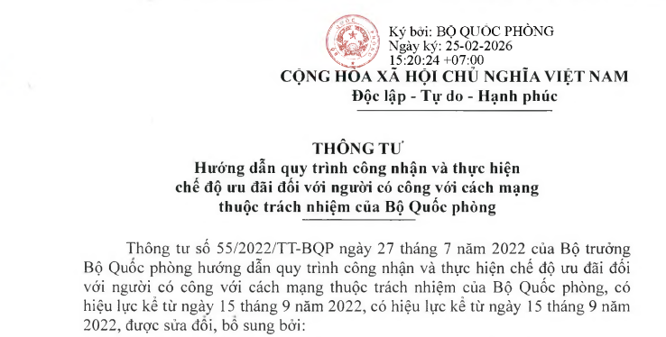 VBHN Thông tư hướng dẫn chế độ ưu đãi đối với người có công với cách mạng (VBHN 28/VBHN-BQP)