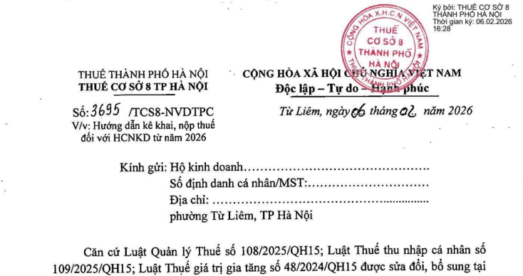 Công văn hướng dẫn kê khai nộp thuế đối với hộ, cá nhân kinh doanh từ năm 2026 (Thuế cơ sở 8 TP Hà Nội)