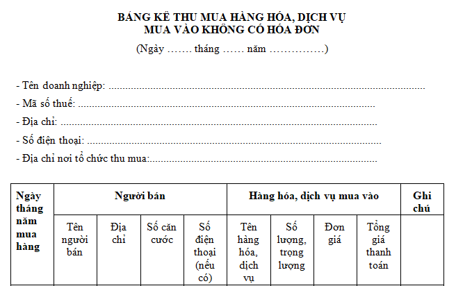 [Tải về] Mẫu số 02/TNDN Bảng kê thu mua hàng hóa dịch vụ không có hóa đơn