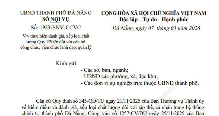 Công văn mới hướng dẫn đánh giá xếp loại cán bộ công chức Quý I/2026 (Công văn 1923/SNV-CCVC)