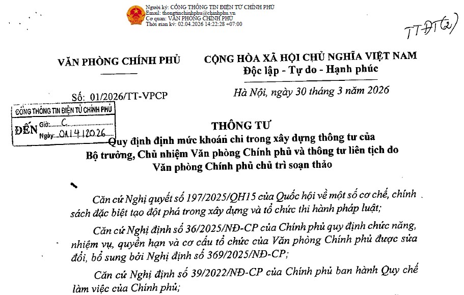 Thông tư 01/2026/TT-VPCP mức khoán chi trong xây dựng thông tư