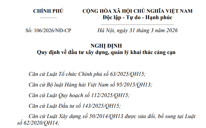 Đã có Nghị định 106/2026/NĐ-CP về đầu tư xây dựng quản lý khai thác cảng cạn