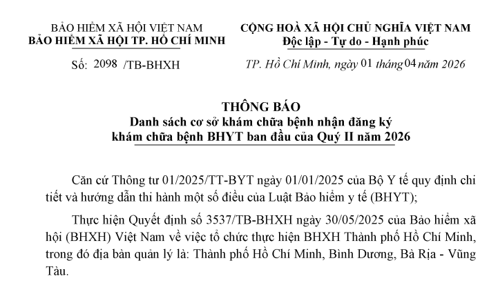 Danh sách cơ sở khám chữa bệnh BHYT ban đầu Quý II/2026 tại TPHCM