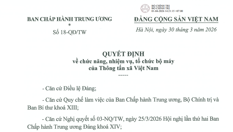Đã có Quyết định 18-QĐ/TW về chức năng tổ chức bộ máy Thông tấn xã Việt Nam