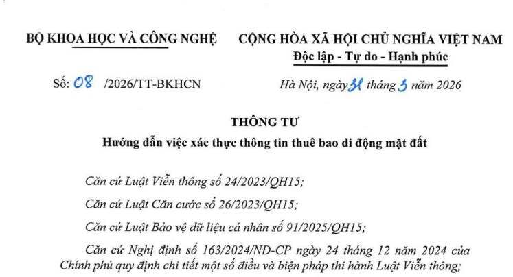 Đã có Thông tư 08/2026/TT-BKHCN hướng dẫn xác thực thông tin thuê bao di động